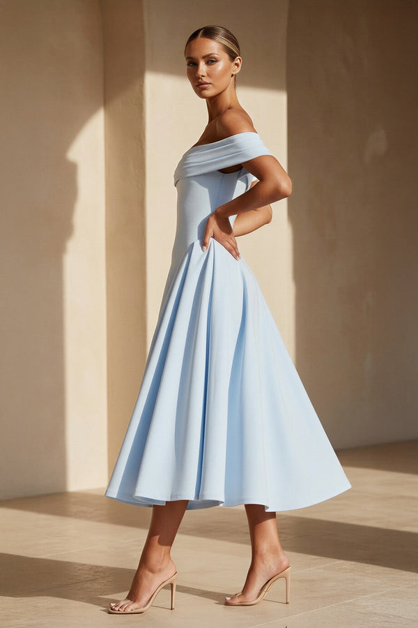 Off The Shoulder Pleated Midi Dress in Sky Blue - SHE IS ME