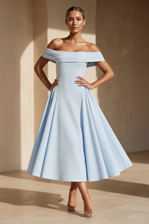 Off The Shoulder Pleated Midi Dress in Sky Blue - SHE IS ME