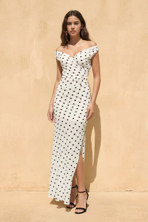 Off The Shoulder Polka Dot Maxi Dress in Ivory - SHE IS ME
