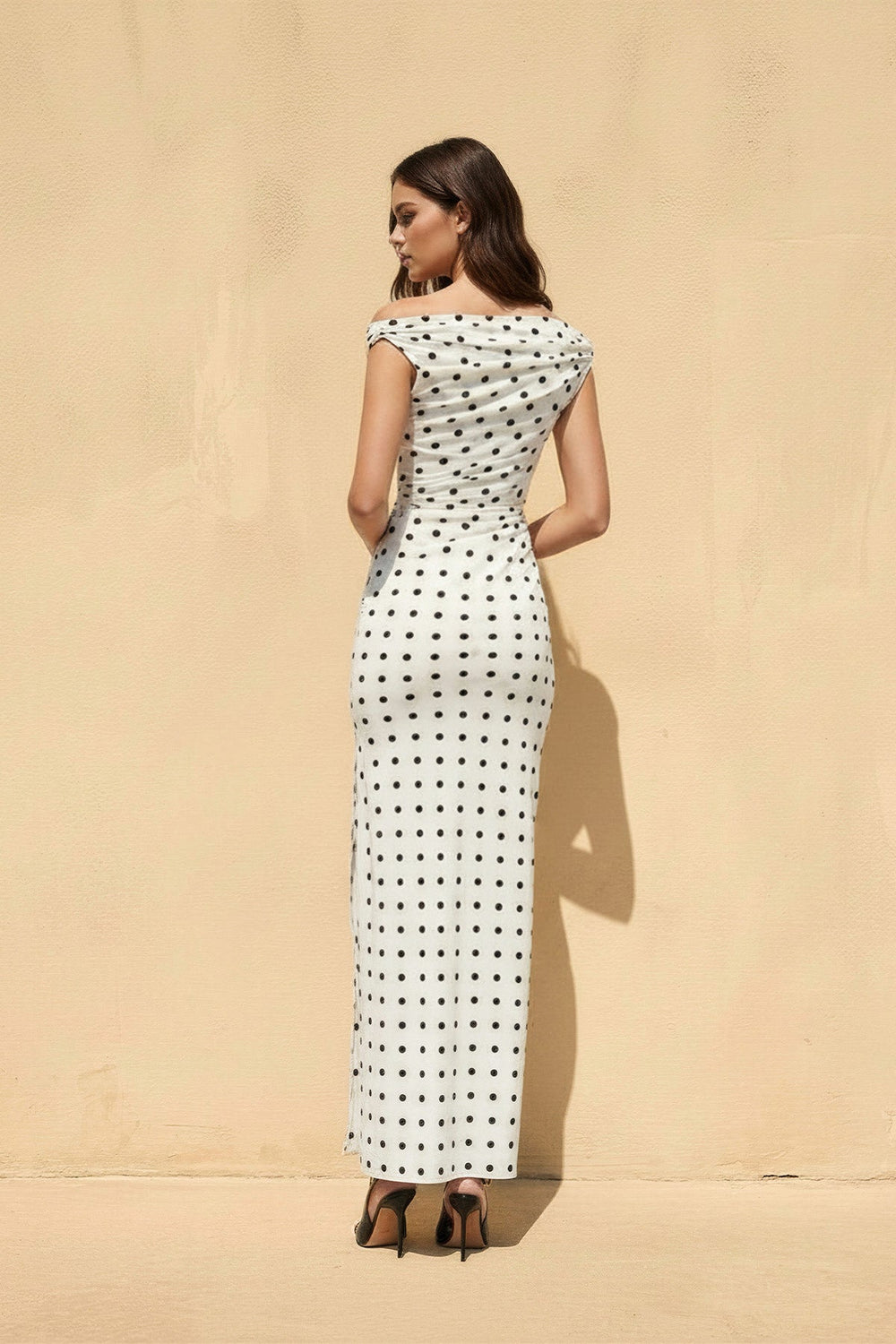 Off The Shoulder Polka Dot Maxi Dress in Ivory - SHE IS ME