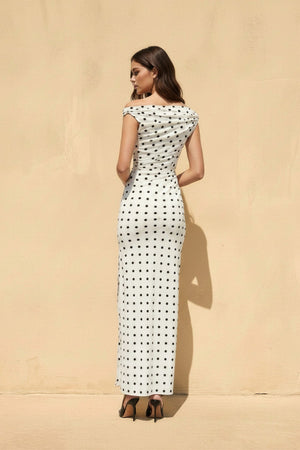 Off The Shoulder Polka Dot Maxi Dress in Ivory - SHE IS ME