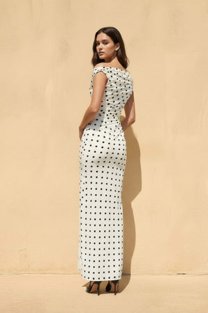 Off The Shoulder Polka Dot Maxi Dress in Ivory - SHE IS ME