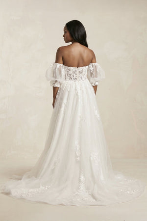 Off - the - Shoulder Puff Sleeves Appliqued Wedding Dress in White - SHE IS ME Wedding Dresses