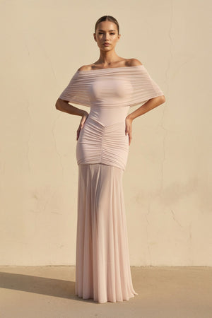 Off The Shoulder Ruched Maxi Dress in Blush - SHE IS ME