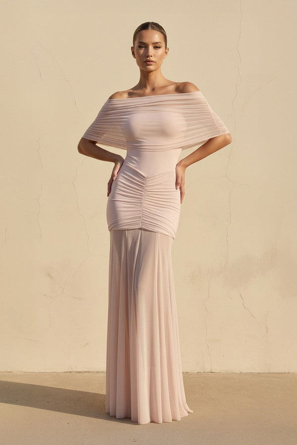 Off The Shoulder Ruched Maxi Dress in Blush - SHE IS ME