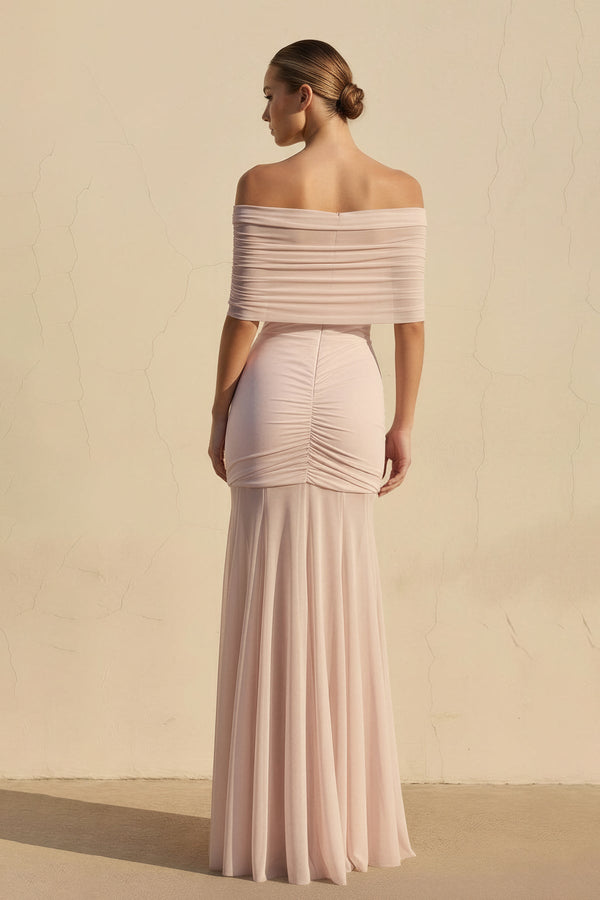 Off The Shoulder Ruched Maxi Dress in Blush - SHE IS ME