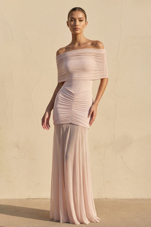 Off The Shoulder Ruched Maxi Dress in Blush - SHE IS ME