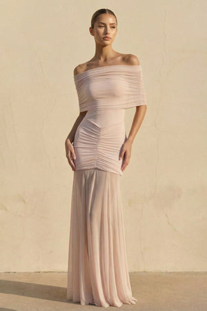 Off The Shoulder Ruched Maxi Dress in Blush - SHE IS ME