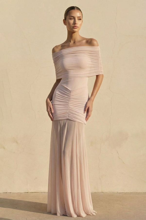 Off The Shoulder Ruched Maxi Dress in Blush - SHE IS ME