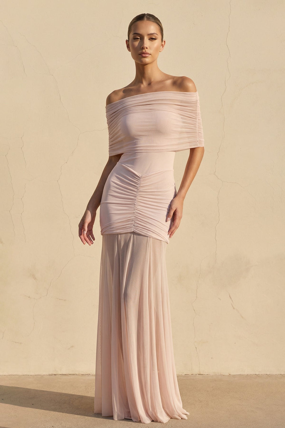 Off The Shoulder Ruched Maxi Dress in Blush - SHE IS ME PROM DRESSES