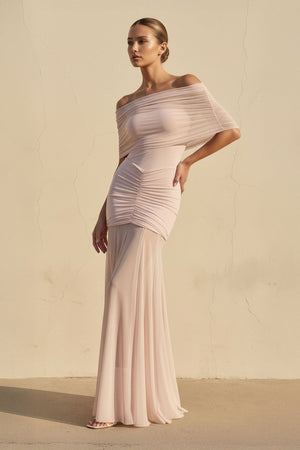 Off The Shoulder Ruched Maxi Dress in Blush - SHE IS ME