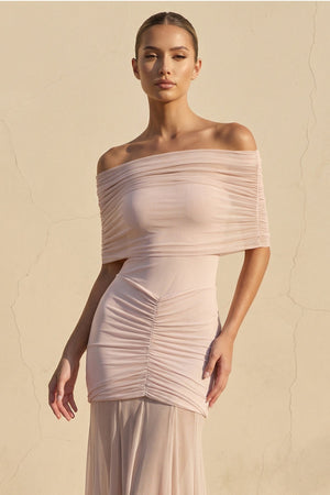 Off The Shoulder Ruched Maxi Dress in Blush - SHE IS ME
