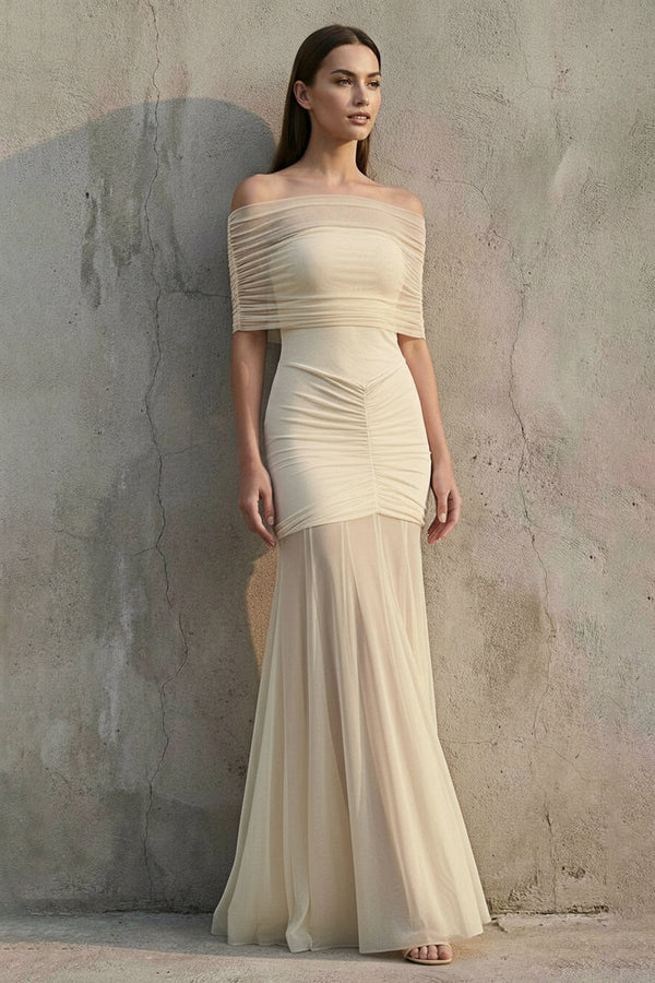Off The Shoulder Ruched Maxi Dress in Champagne - SHE IS ME