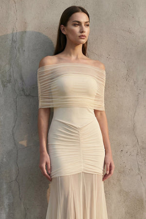 Off The Shoulder Ruched Maxi Dress in Champagne - SHE IS ME