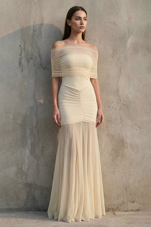 Off The Shoulder Ruched Maxi Dress in Champagne - SHE IS ME