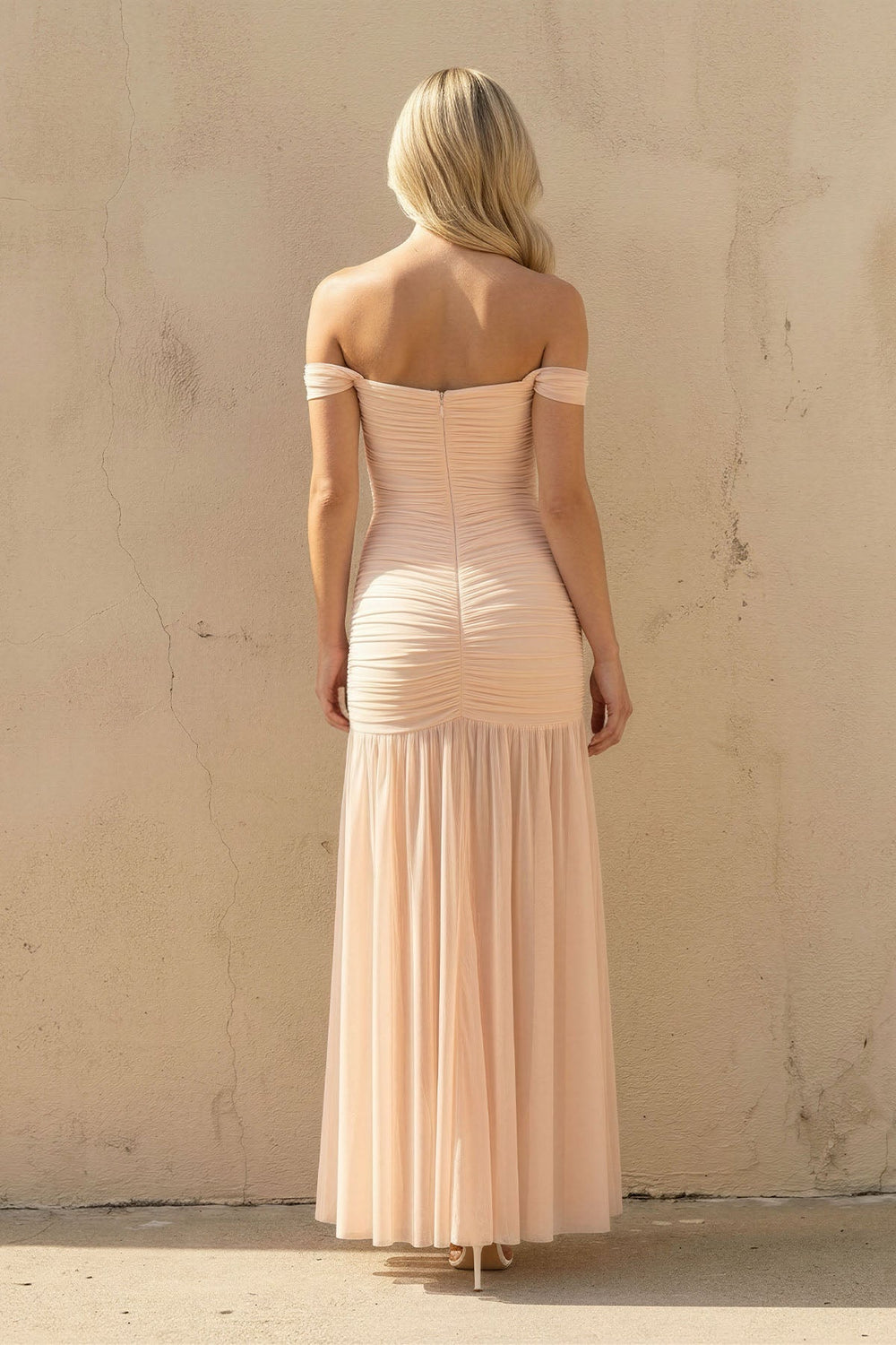 Off The Shoulder Ruched Maxi Dress in Peach - SHE IS ME PROM DRESSES