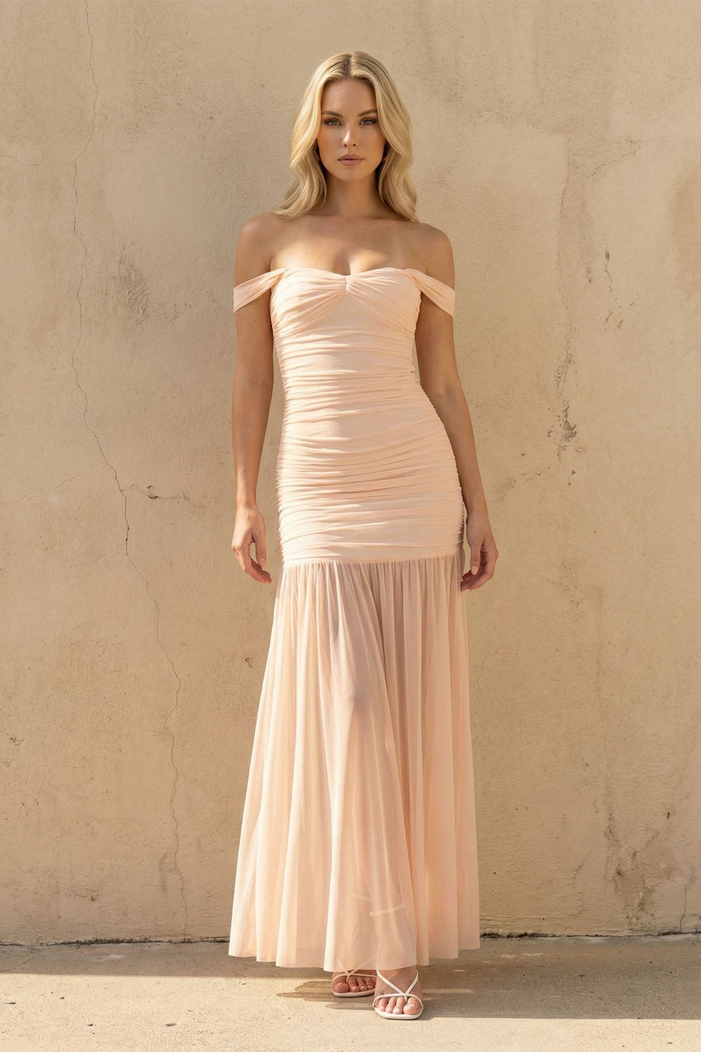 Off The Shoulder Ruched Maxi Dress in Peach - SHE IS ME PROM DRESSES