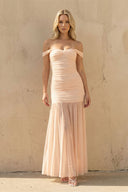 Off The Shoulder Ruched Maxi Dress in Peach - SHE IS ME PROM DRESSES