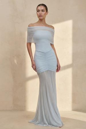 Off The Shoulder Ruched Maxi Dress in Sky Blue - SHE IS ME PROM DRESSES