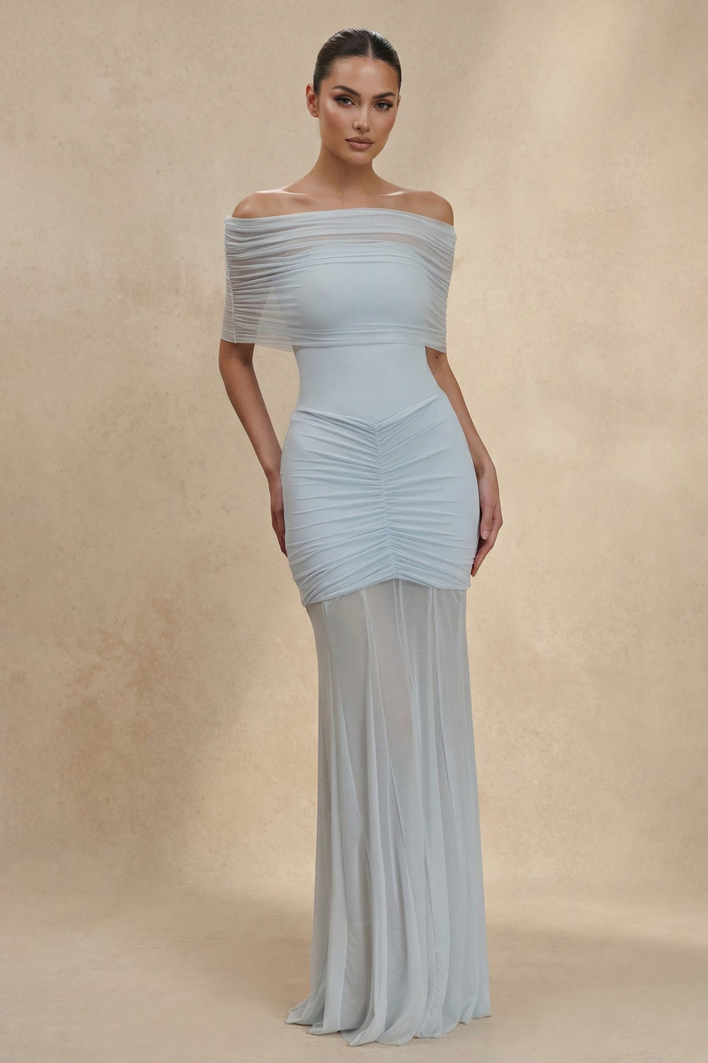 Off The Shoulder Ruched Maxi Dress in Sky Blue - SHE IS ME