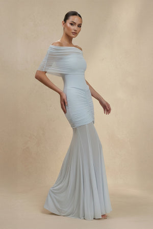 Off The Shoulder Ruched Maxi Dress in Sky Blue - SHE IS ME PROM DRESSES
