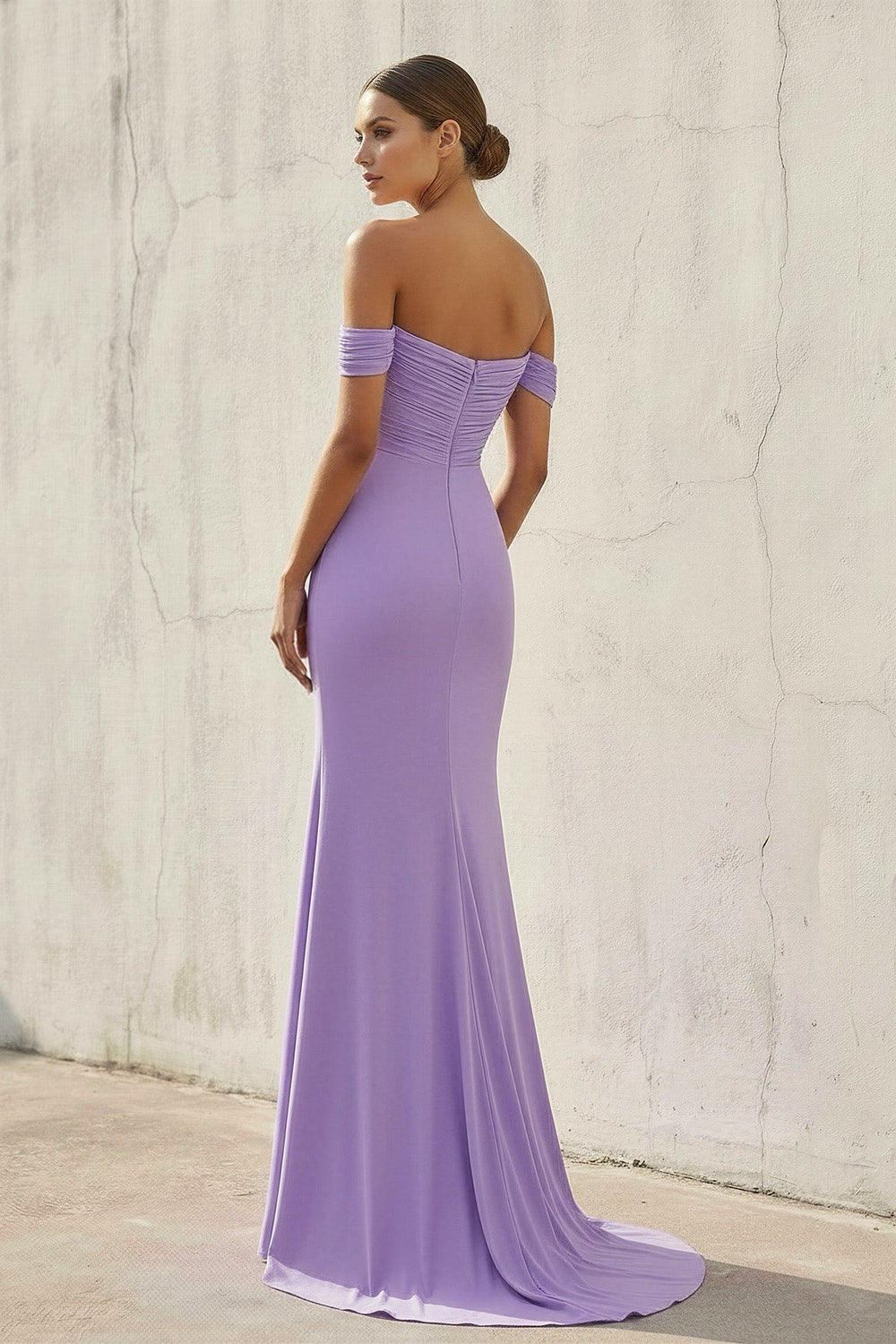 Off The Shoulder Ruched Prom Dress in Lavender - SHE IS ME PROM DRESSES
