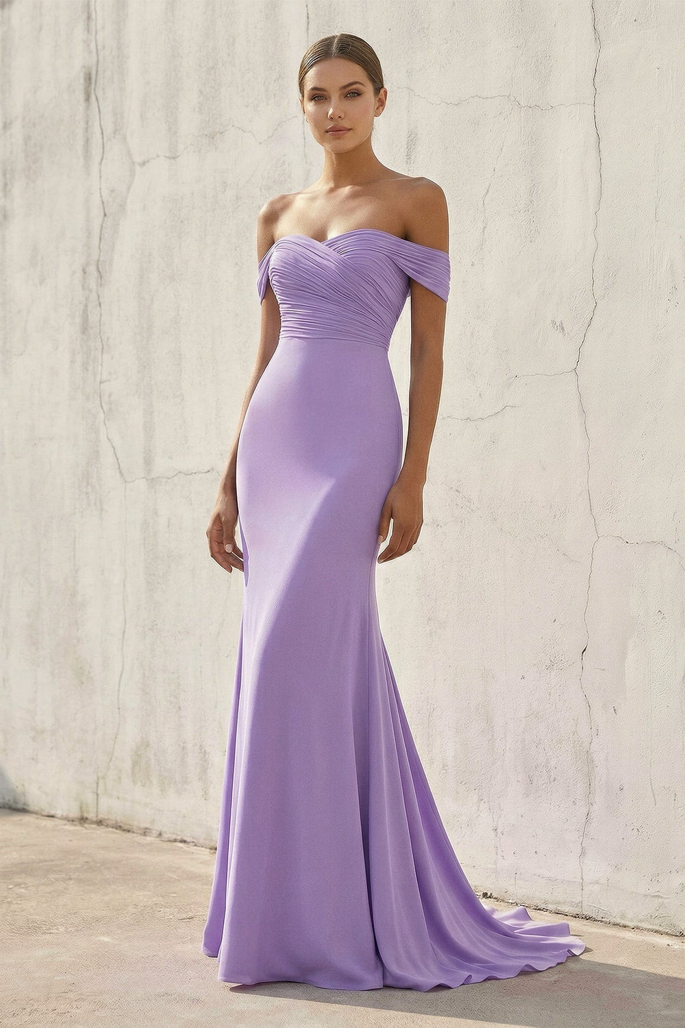 Off The Shoulder Ruched Prom Dress in Lavender - SHE IS ME PROM DRESSES