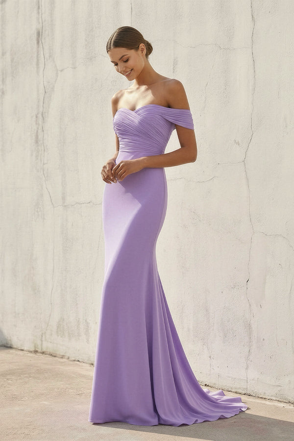 Off The Shoulder Ruched Prom Dress in Lavender - SHE IS ME PROM DRESSES
