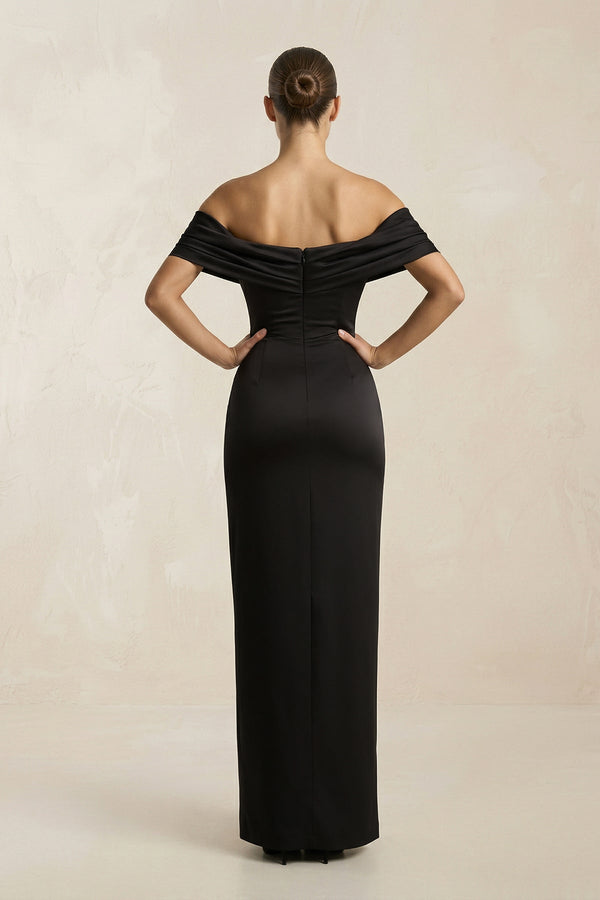 Off - the - Shoulder Ruched Sheath Satin Wedding Dress in Black - SHE IS ME Wedding Dresses