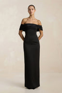 Off - the - Shoulder Ruched Sheath Satin Wedding Dress in Black - SHE IS ME Wedding Dresses