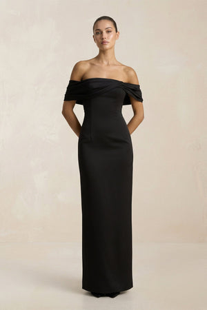 Off - the - Shoulder Ruched Sheath Satin Wedding Dress in Black - SHE IS ME Wedding Dresses