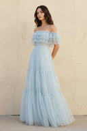 Off The Shoulder Ruffled Gown in Sky Blue - SHE IS ME