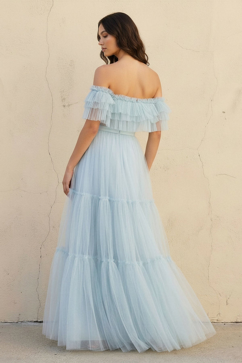 Off The Shoulder Ruffled Gown in Sky Blue - SHE IS ME