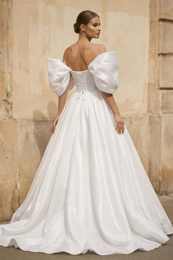 Off - the - Shoulder Satin A - Line Corset Wedding Dress - SHE IS ME Wedding Dresses