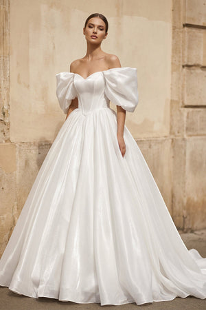 Off - the - Shoulder Satin A - Line Corset Wedding Dress - SHE IS ME Wedding Dresses