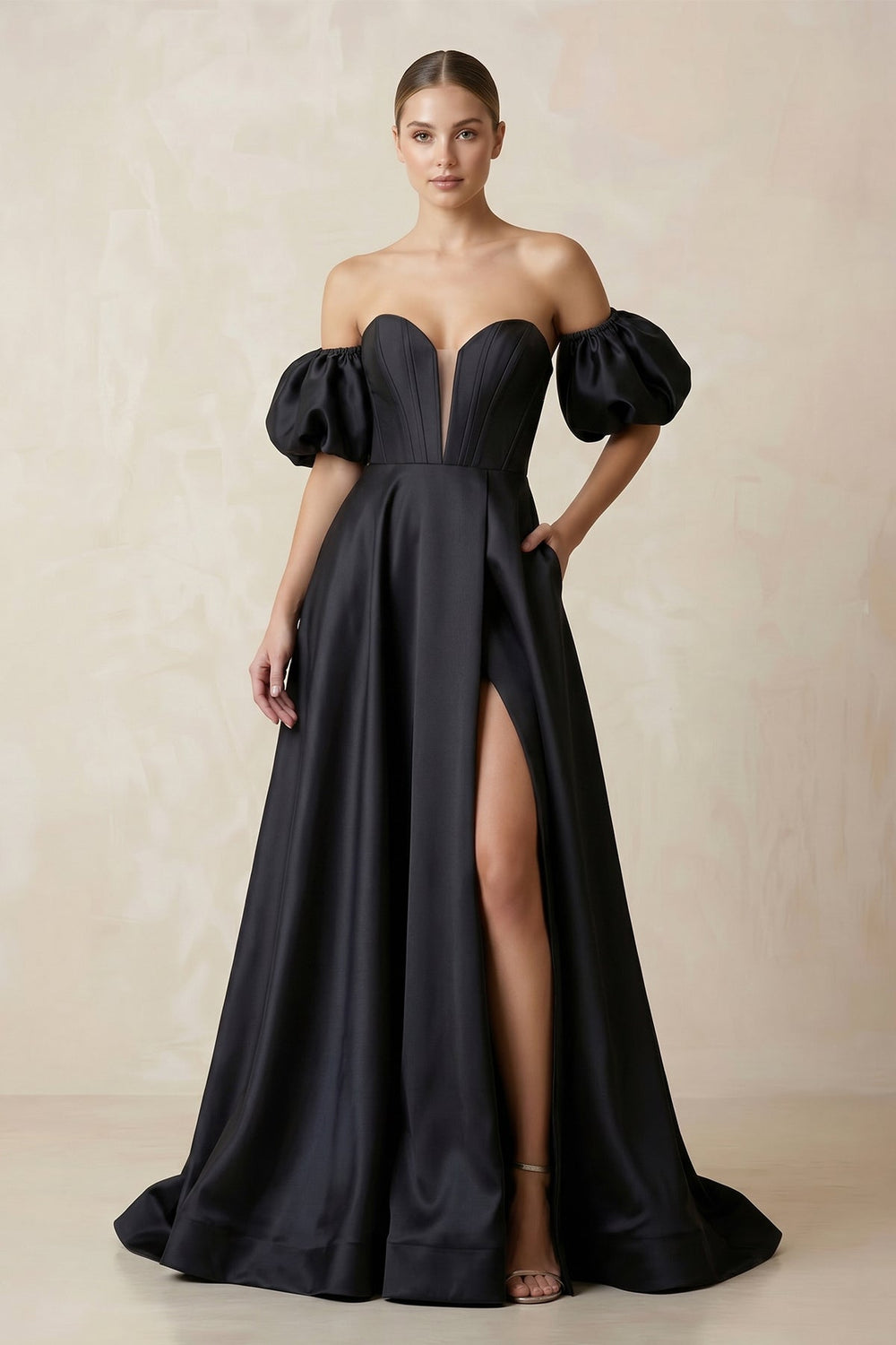 Off - the - Shoulder Satin A - Line Plunge Wedding Dress in Black - SHE IS ME Wedding Dresses