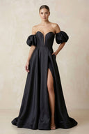Off - the - Shoulder Satin A - Line Plunge Wedding Dress in Black - SHE IS ME Wedding Dresses