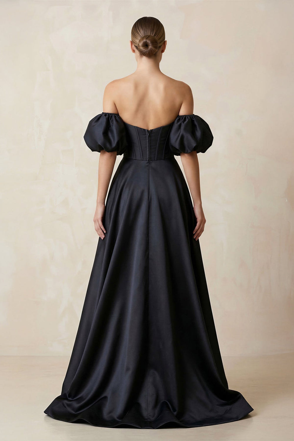 Off - the - Shoulder Satin A - Line Plunge Wedding Dress in Black - SHE IS ME Wedding Dresses