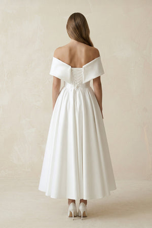 Off - the - Shoulder Satin A - Line Ruhed Wedding Dress in White - SHE IS ME Wedding Dresses