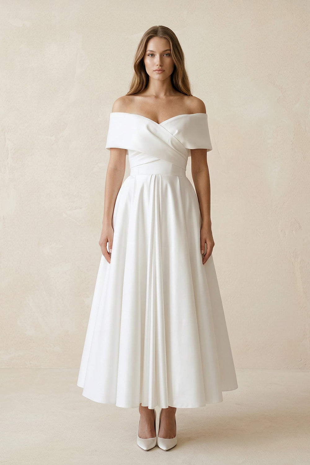 Off - the - Shoulder Satin A - Line Ruhed Wedding Dress in White - SHE IS ME Wedding Dresses