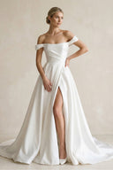 Off - the - Shoulder Satin A - Line Wedding Dress in White - SHE IS ME Wedding Dresses