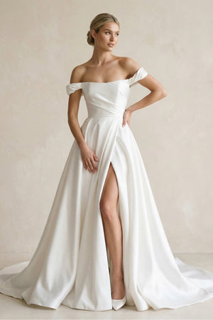 Off - the - Shoulder Satin A - Line Wedding Dress in White - SHE IS ME Wedding Dresses