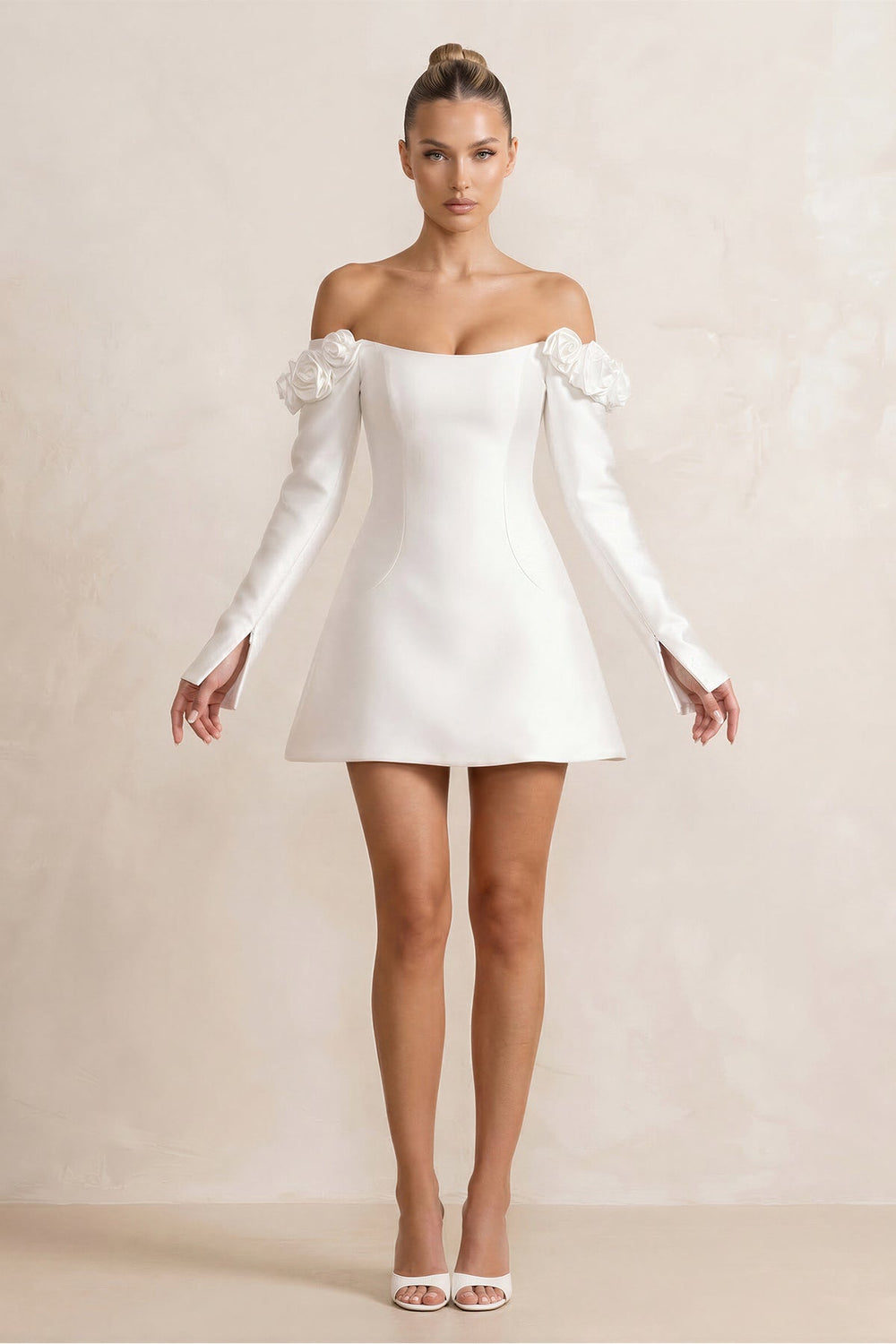 Off - the - Shoulder Satin A - Line Wedding Dress with Long Sleeeves in White - SHE IS ME Wedding Dresses