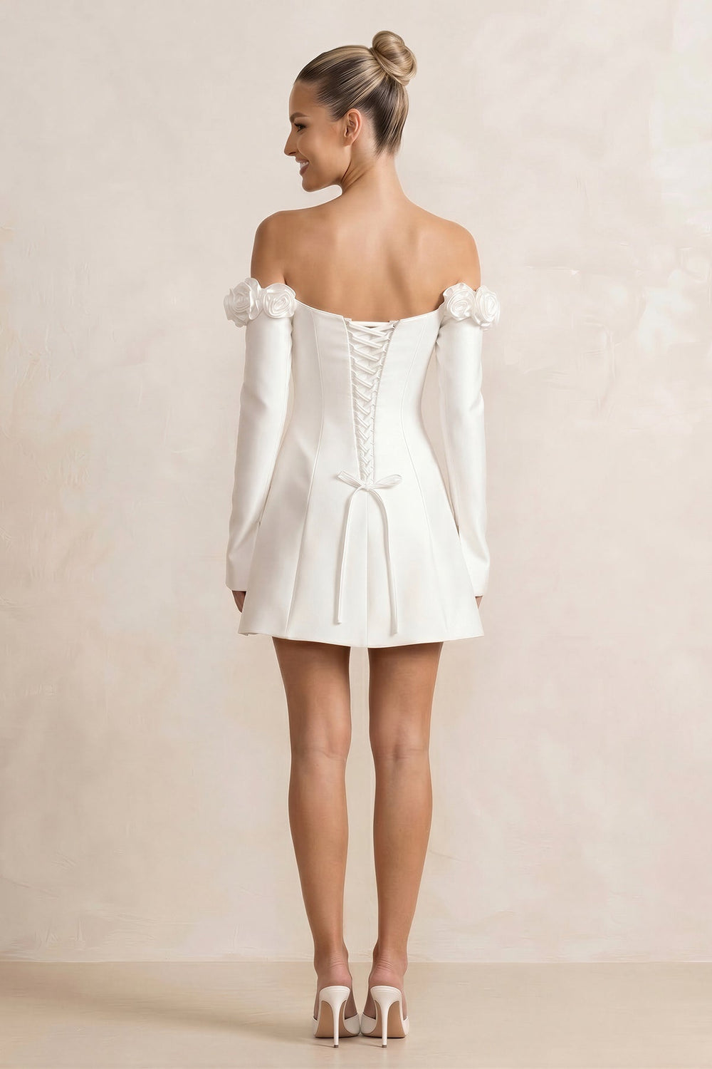Off - the - Shoulder Satin A - Line Wedding Dress with Long Sleeeves in White - SHE IS ME Wedding Dresses