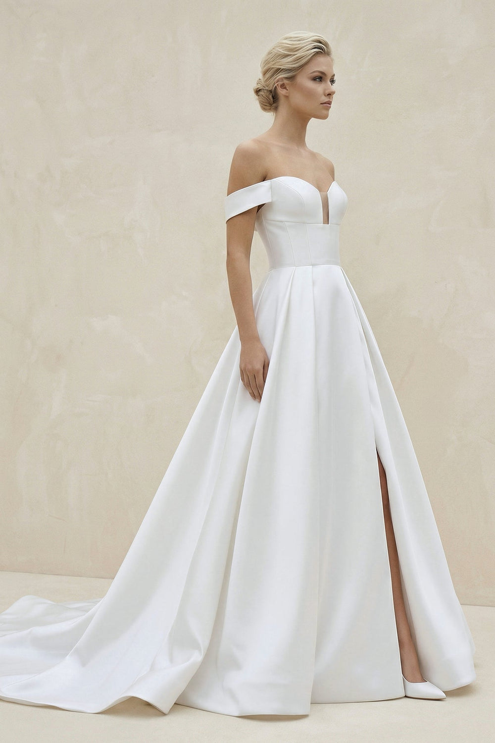 Off - the - Shoulder Satin A - Line Wedding Dress With Slit in White - SHE IS ME Wedding Dresses