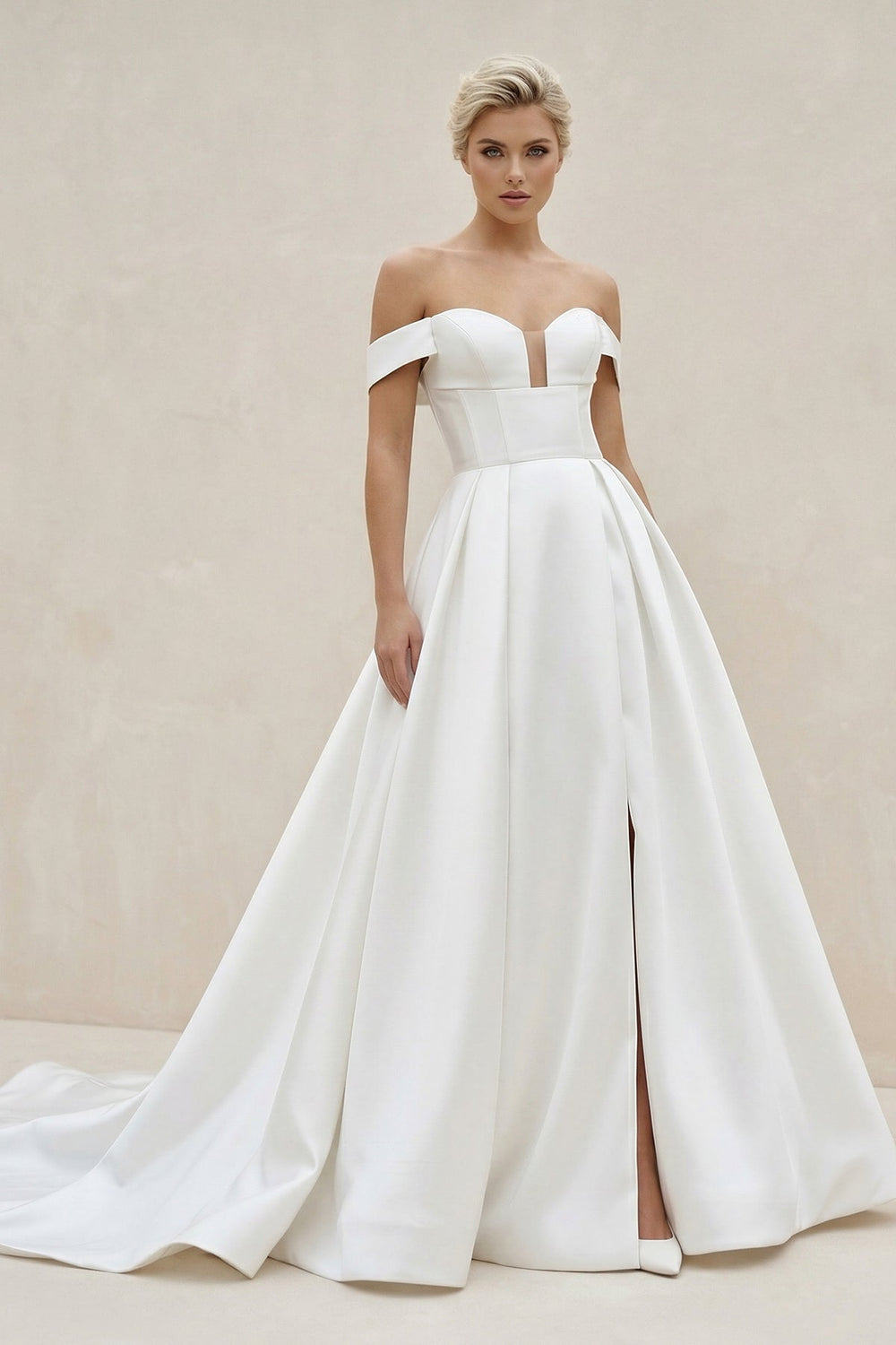 Off - the - Shoulder Satin A - Line Wedding Dress With Slit in White - SHE IS ME Wedding Dresses