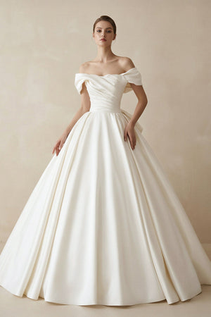 Off The Shoulder Satin Ball Gown Wedding Dress - SHE IS ME Wedding Dresses