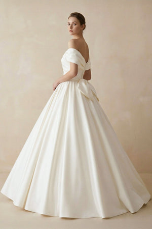 Off The Shoulder Satin Ball Gown Wedding Dress - SHE IS ME Wedding Dresses