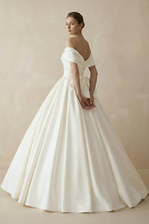 Off The Shoulder Satin Ball Gown Wedding Dress - SHE IS ME Wedding Dresses
