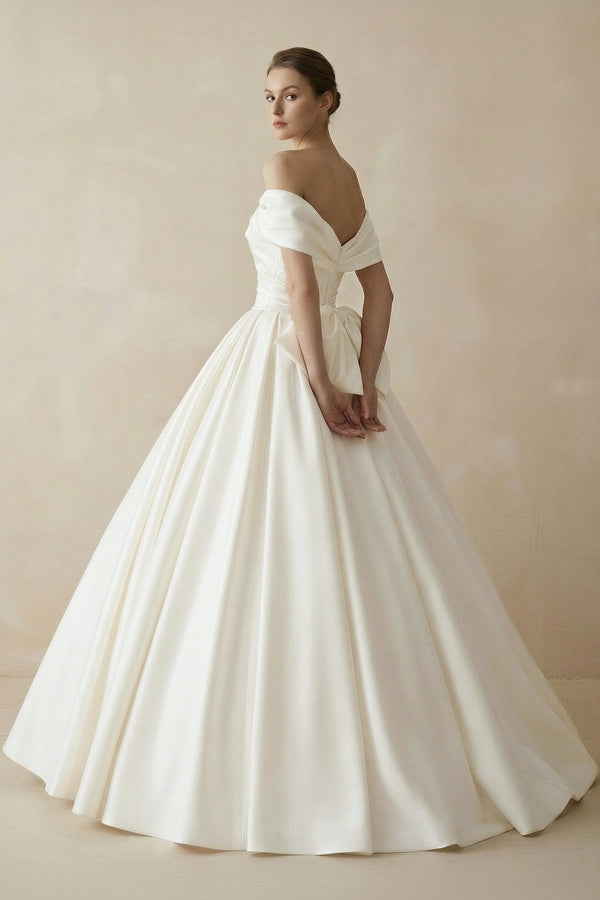 Off The Shoulder Satin Ball Gown Wedding Dress - SHE IS ME Wedding Dresses
